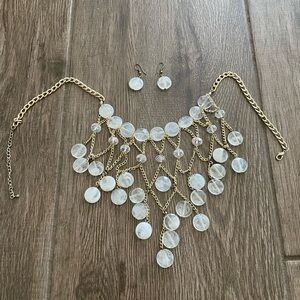 Gold And White Gem Stone Chandelier Necklace With Matching Earrings